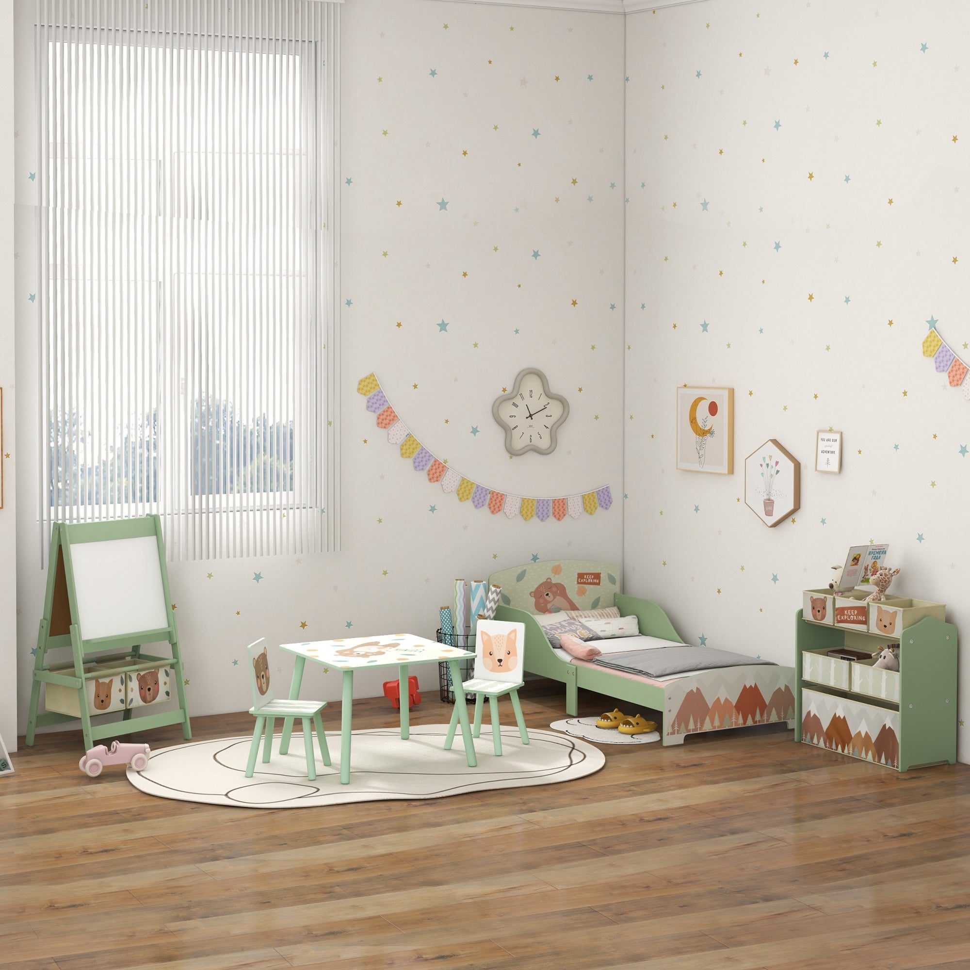 ZONEKIZ 3-Piece Children's Table and Chairs Set Kids Table with 2 Chairs Furniture Set for Activities for Children 3-8 Years for Bedroom Playroom Green and White