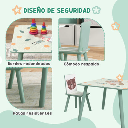 ZONEKIZ 3-Piece Children's Table and Chairs Set Kids Table with 2 Chairs Furniture Set for Activities for Children 3-8 Years for Bedroom Playroom Green and White
