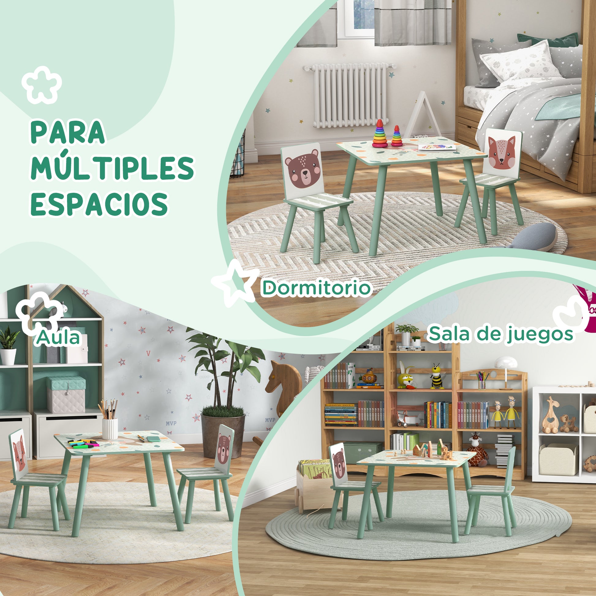 ZONEKIZ 3-Piece Children's Table and Chairs Set Kids Table with 2 Chairs Furniture Set for Activities for Children 3-8 Years for Bedroom Playroom Green and White