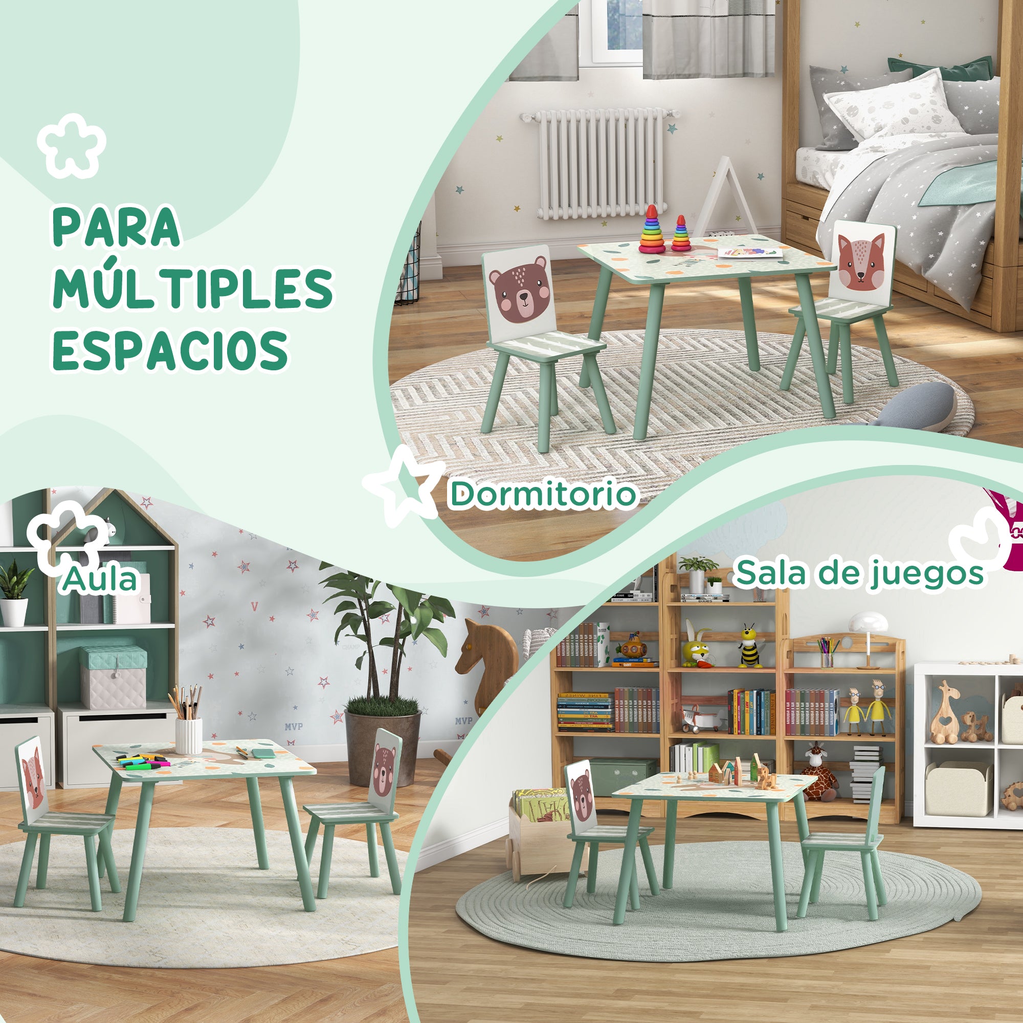 ZONEKIZ 3-Piece Children's Table and Chairs Set Kids Table with 2 Chairs Furniture Set for Activities for Children 3-8 Years for Bedroom Playroom Green and White