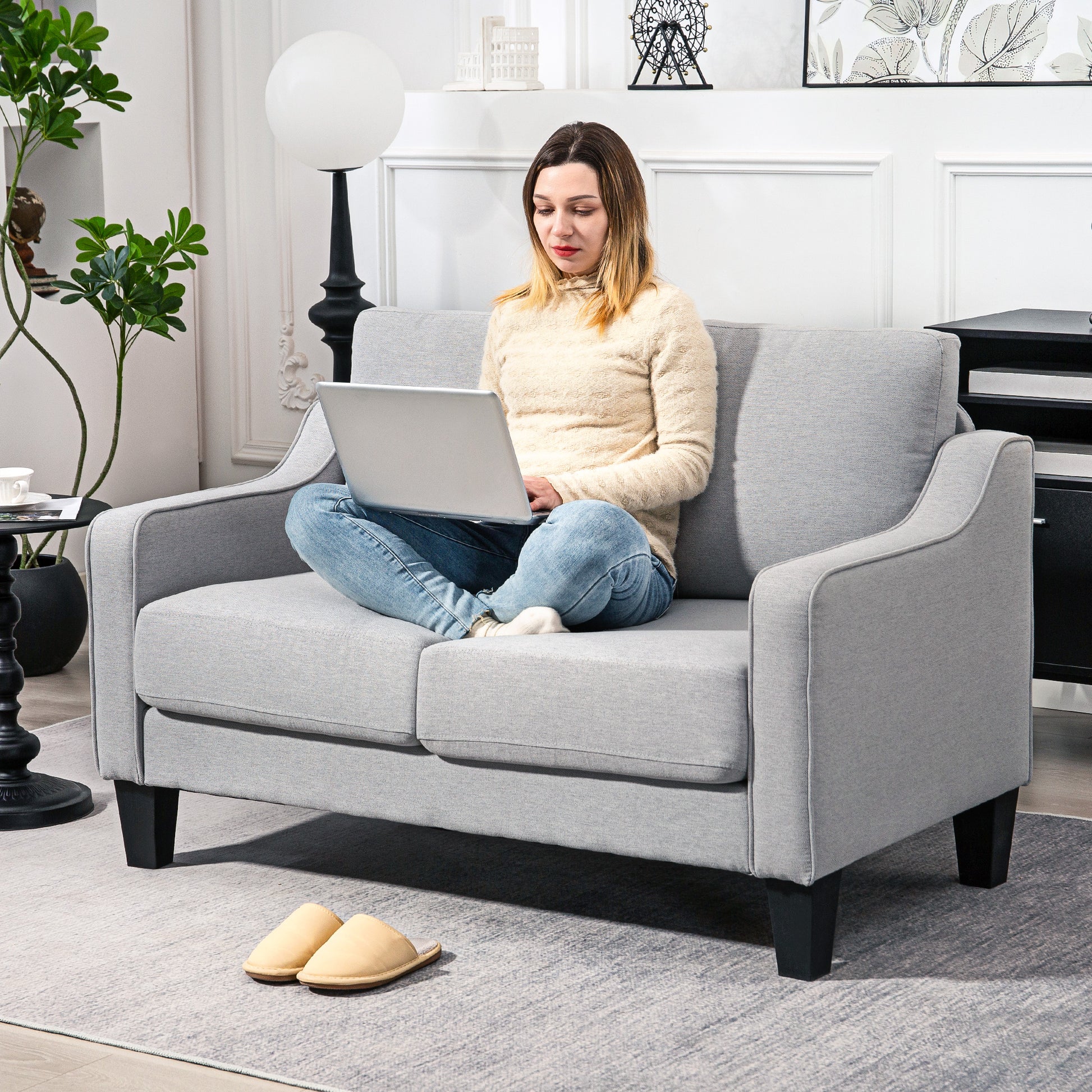 2-Seater Fabric Sofa with Armrests, Thick Padding and 2 Cushions, Modern 2-Seater Loveseat with Wood Frame for Living Room, Lounge, and Bedroom, Light Gray