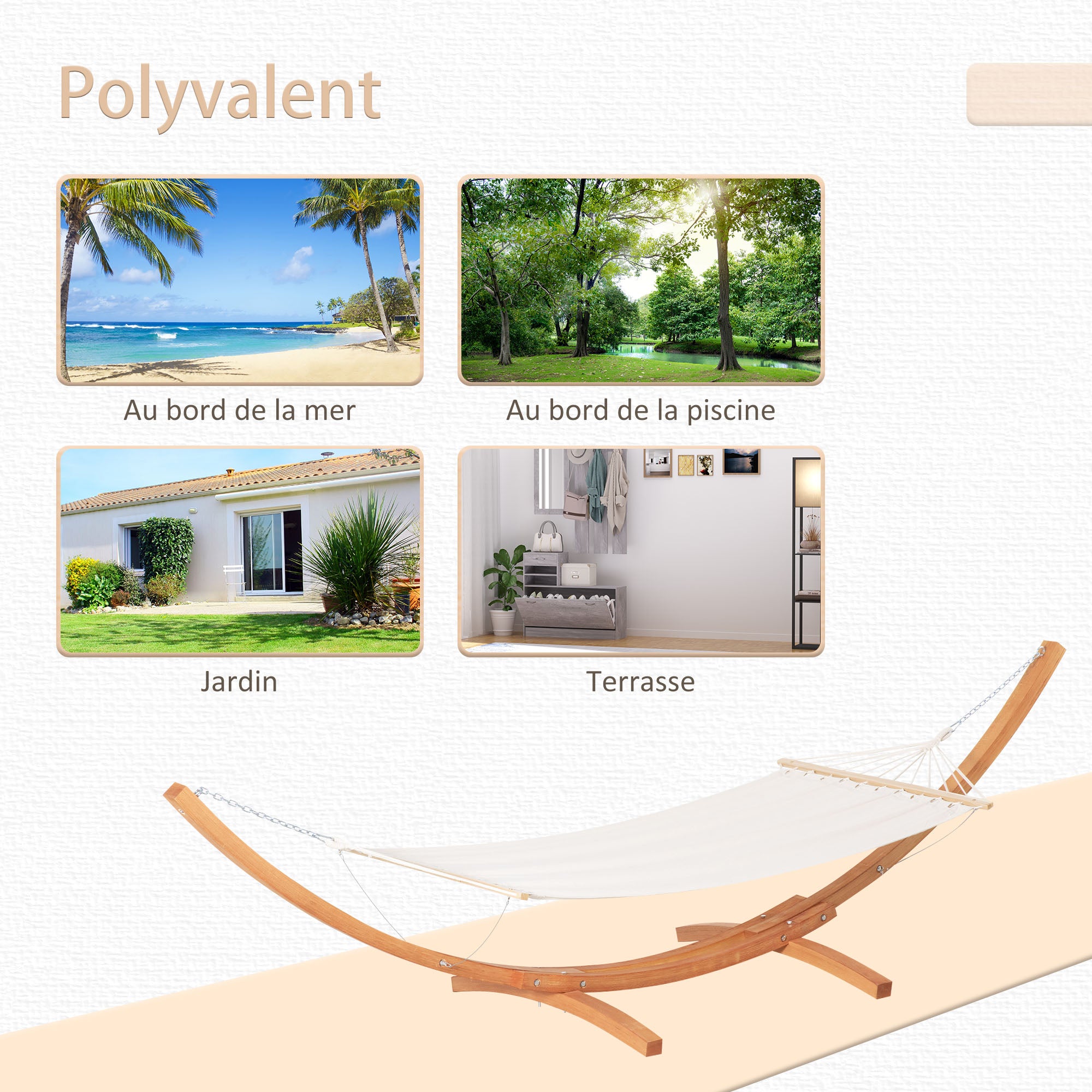 Garden Hammock with Wooden Stand Hammock on Stand 1 Person 3.92L x 1.2W x 1.1H m Cream Brown Color