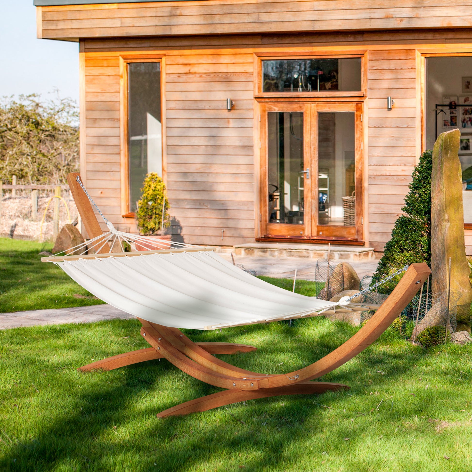 Garden Hammock with Wooden Stand Hammock on Stand 1 Person 3.92L x 1.2W x 1.1H m Cream Brown Color