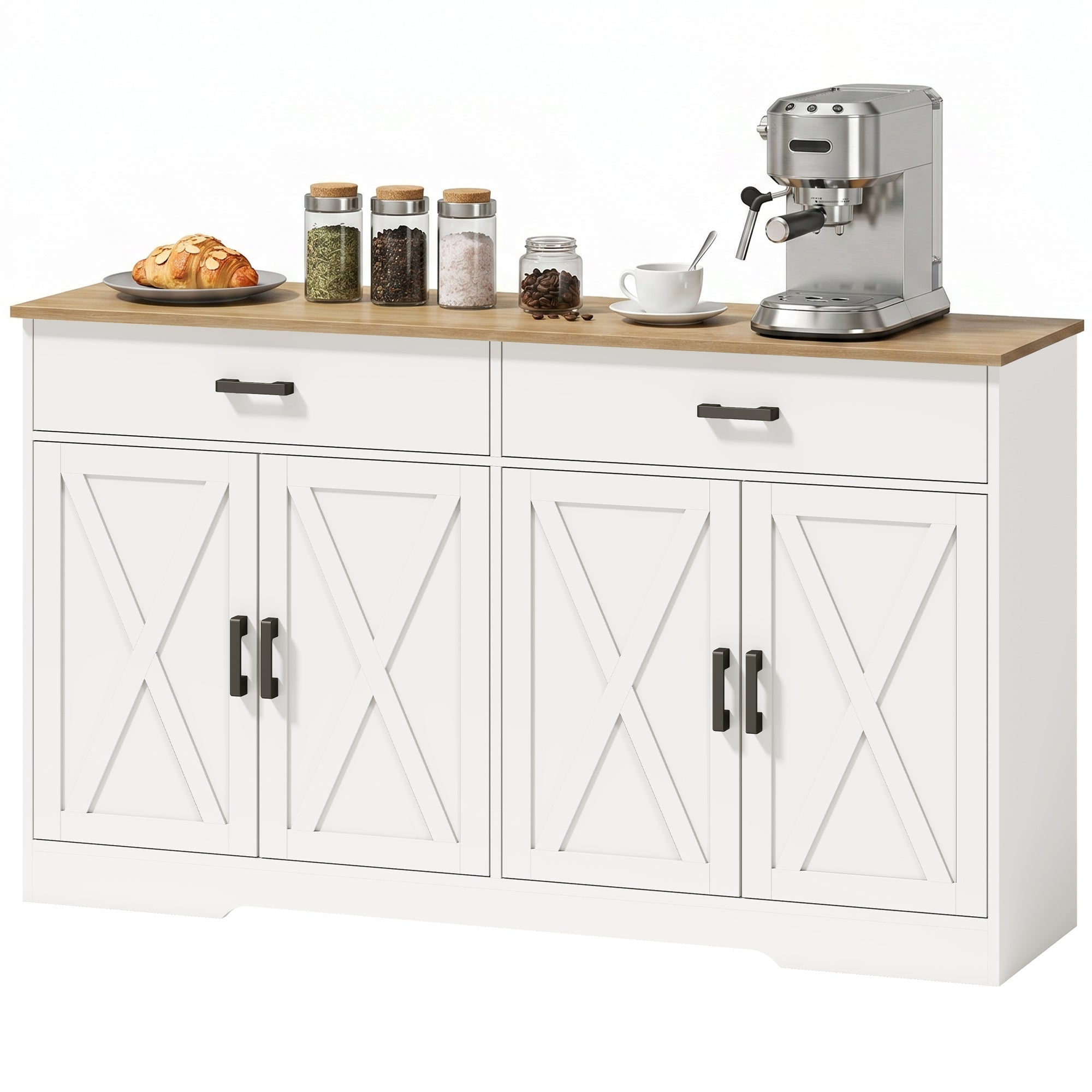 Sideboard Buffet Cabinet, 55.1 in Farmhouse Kitchen Cabinet with 2 Drawers & 2 Cabinets, Coffee Bar with Sliding/Barn-Style Doors and Adjustable Shelves, White