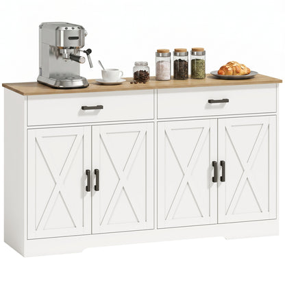 Sideboard Buffet Cabinet, 55.1 in Farmhouse Kitchen Cabinet with 2 Drawers & 2 Cabinets, Coffee Bar with Sliding/Barn-Style Doors and Adjustable Shelves, White