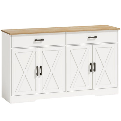 Sideboard Buffet Cabinet, 55.1 in Farmhouse Kitchen Cabinet with 2 Drawers & 2 Cabinets, Coffee Bar with Sliding/Barn-Style Doors and Adjustable Shelves, White