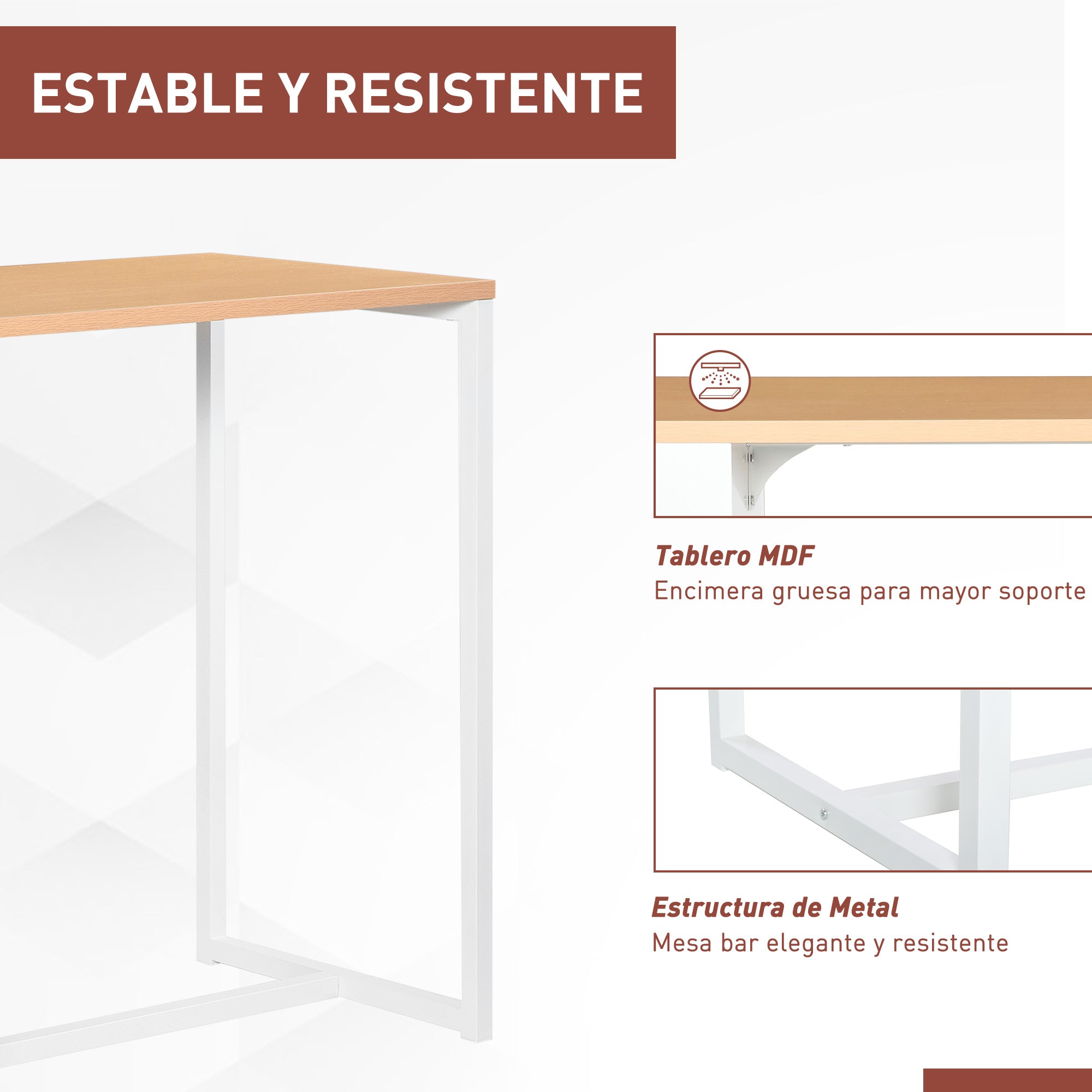 High Kitchen Table Bar Table with 3 Shelves Antitip Metal Frame 100 kg Load for Dining Room 115x55x100 cm White and Oak