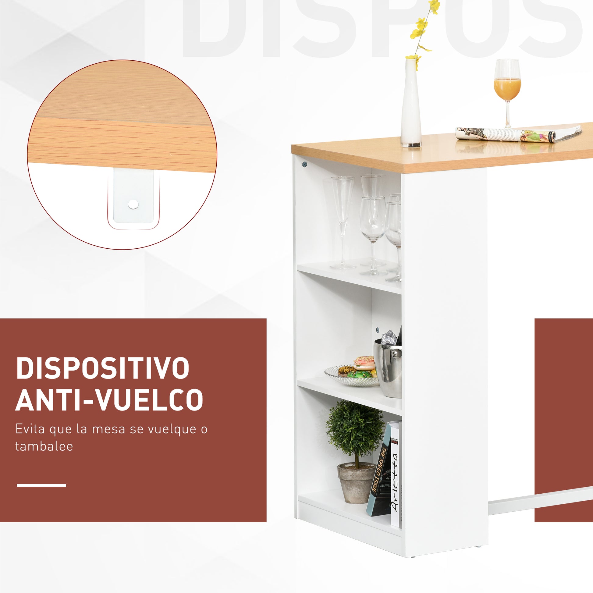 High Kitchen Table Bar Table with 3 Shelves Antitip Metal Frame 100 kg Load for Dining Room 115x55x100 cm White and Oak