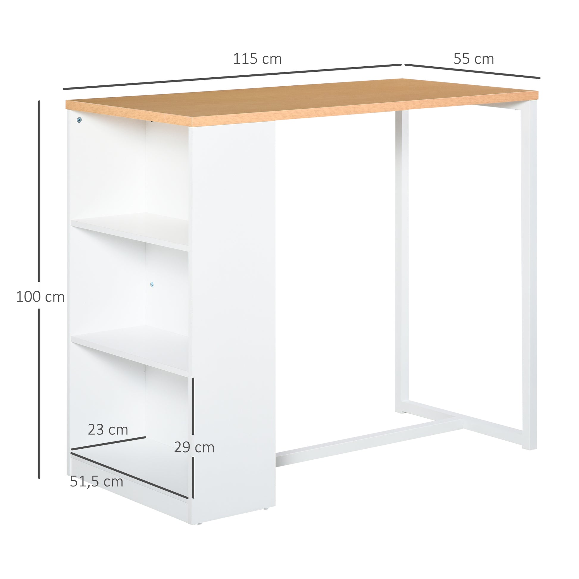 High Kitchen Table Bar Table with 3 Shelves Antitip Metal Frame 100 kg Load for Dining Room 115x55x100 cm White and Oak