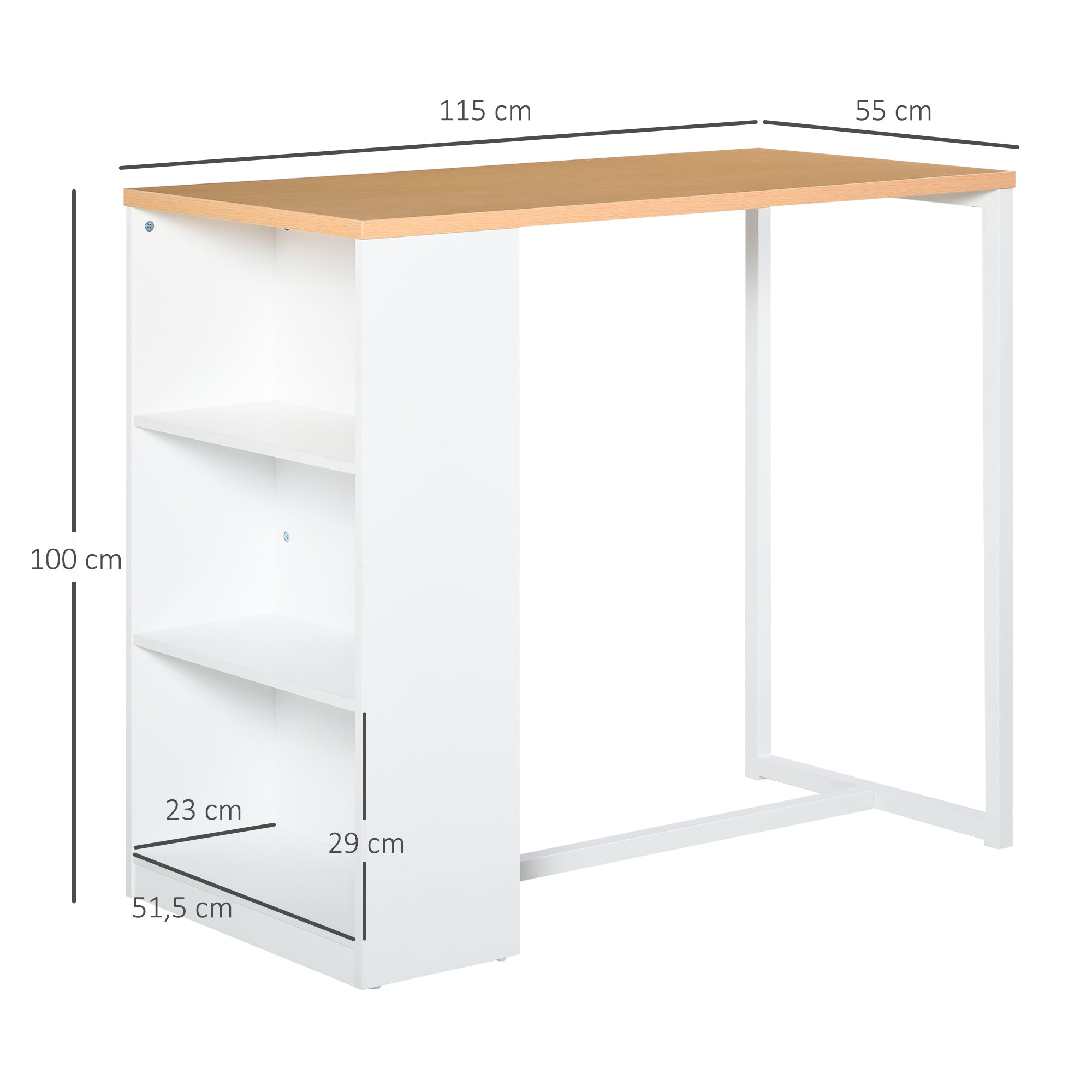High Kitchen Table Bar Table with 3 Shelves Antitip Metal Frame 100 kg Load for Dining Room 115x55x100 cm White and Oak
