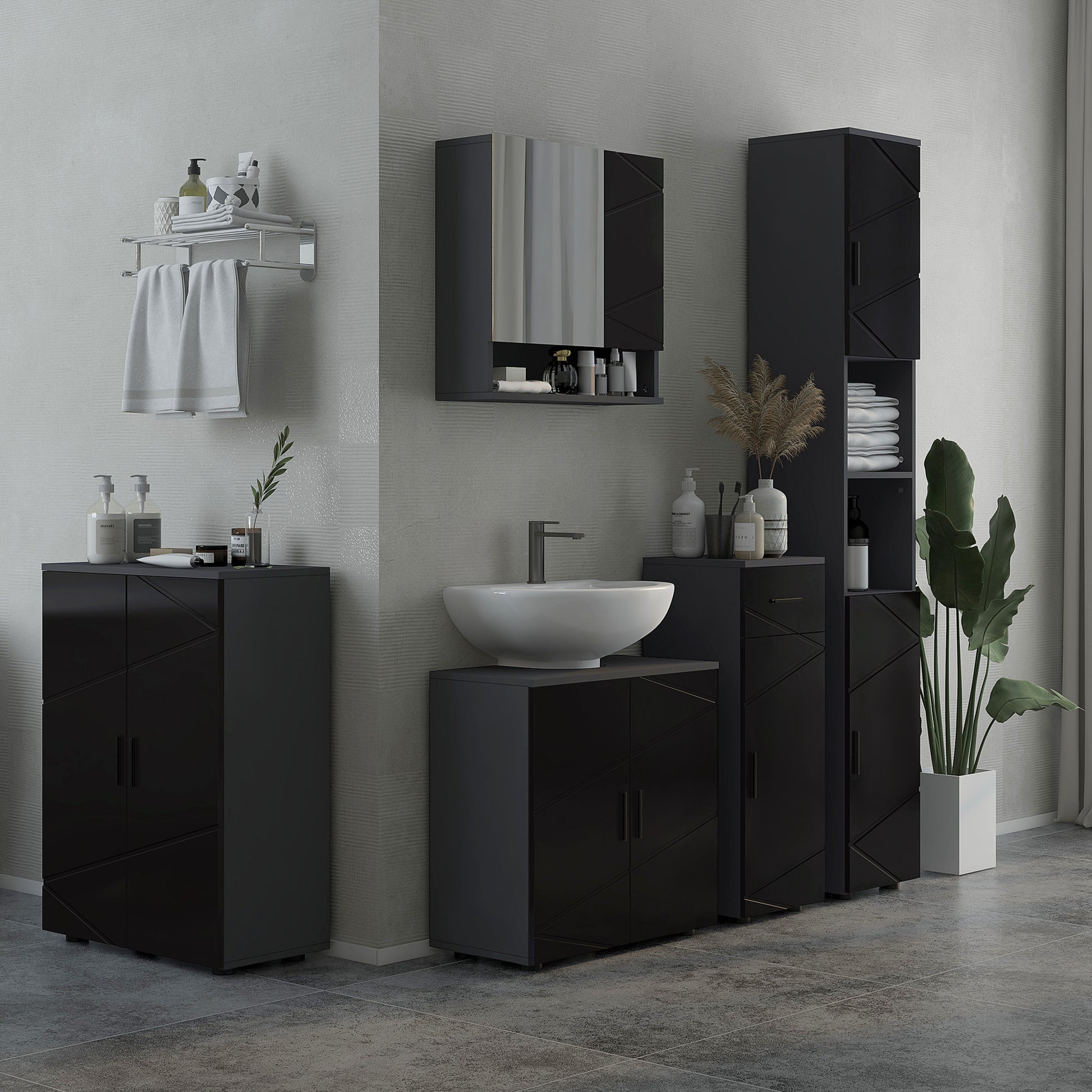 Bathroom Cabinet with Drawer and Adjustable 2-Level Cabinet, Wooden Bathroom Cabinet, 30x30x82 cm, Black and Dark Grey