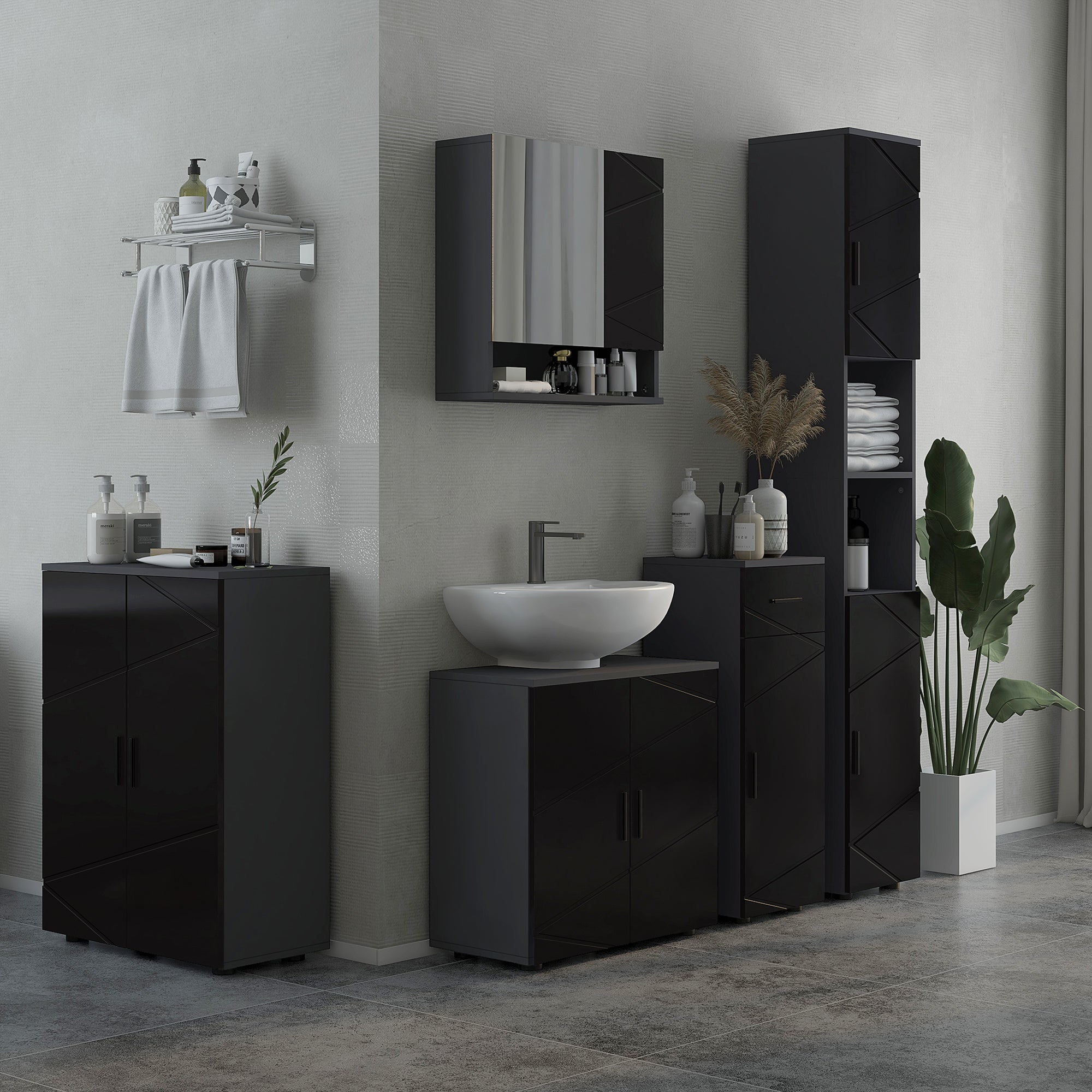 Bathroom Cabinet with Drawer and Adjustable 2-Level Cabinet, Wooden Bathroom Cabinet, 30x30x82 cm, Black and Dark Grey