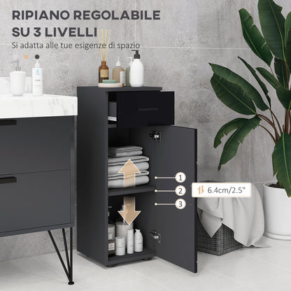 Bathroom Cabinet with Drawer and Adjustable 2-Level Cabinet, Wooden Bathroom Cabinet, 30x30x82 cm, Black and Dark Grey