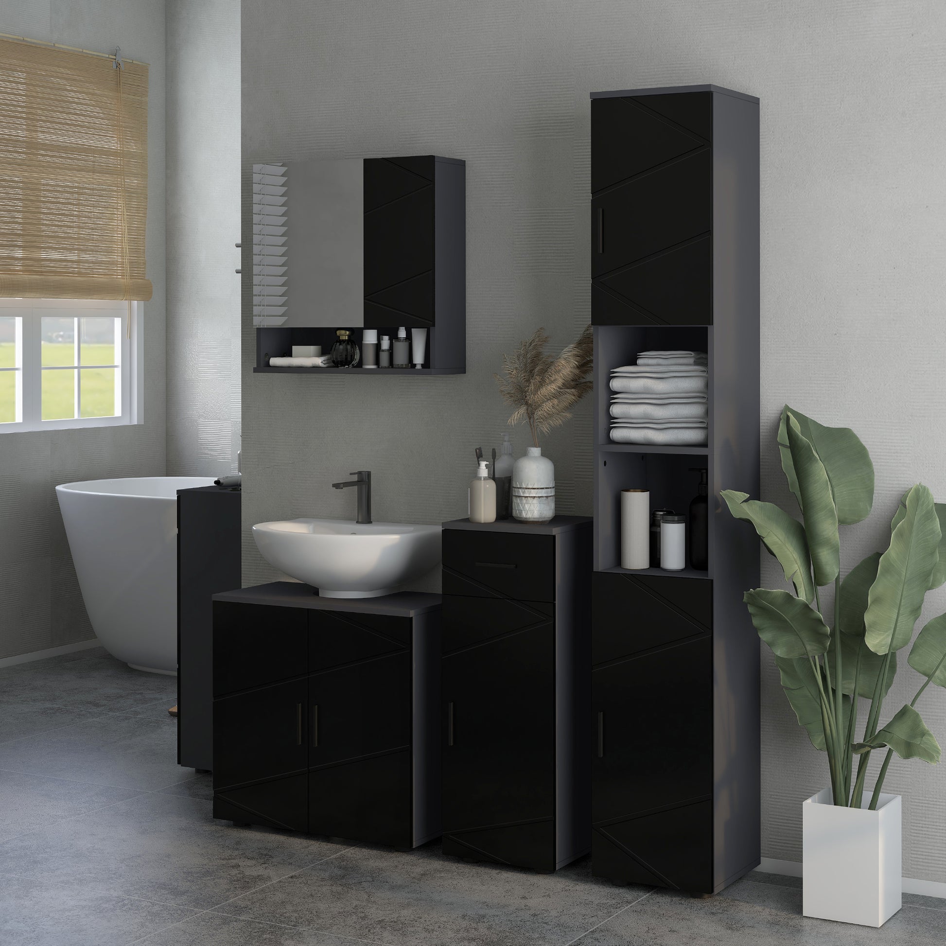 Bathroom Cabinet with Drawer and Adjustable 2-Level Cabinet, Wooden Bathroom Cabinet, 30x30x82 cm, Black and Dark Grey