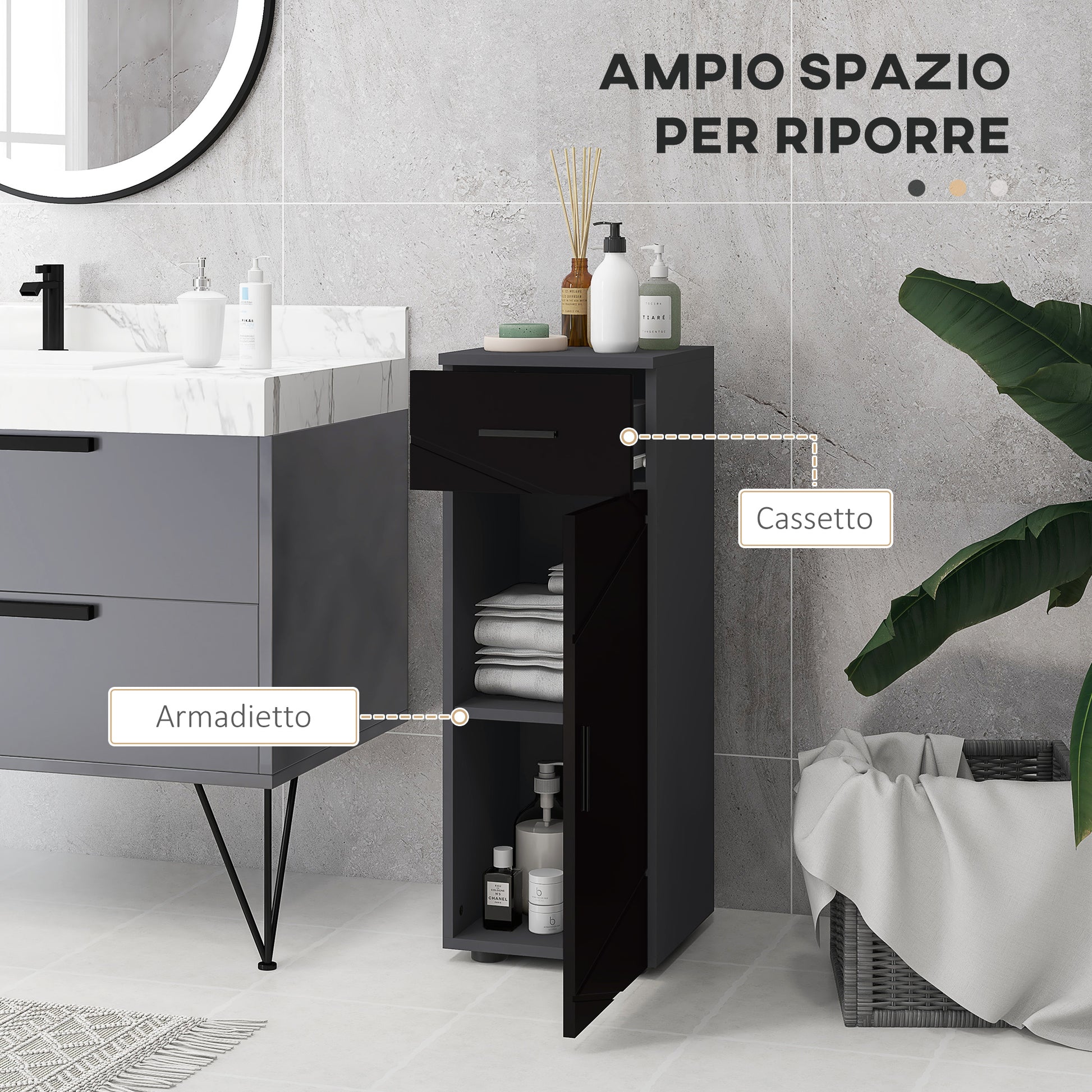 Bathroom Cabinet with Drawer and Adjustable 2-Level Cabinet, Wooden Bathroom Cabinet, 30x30x82 cm, Black and Dark Grey