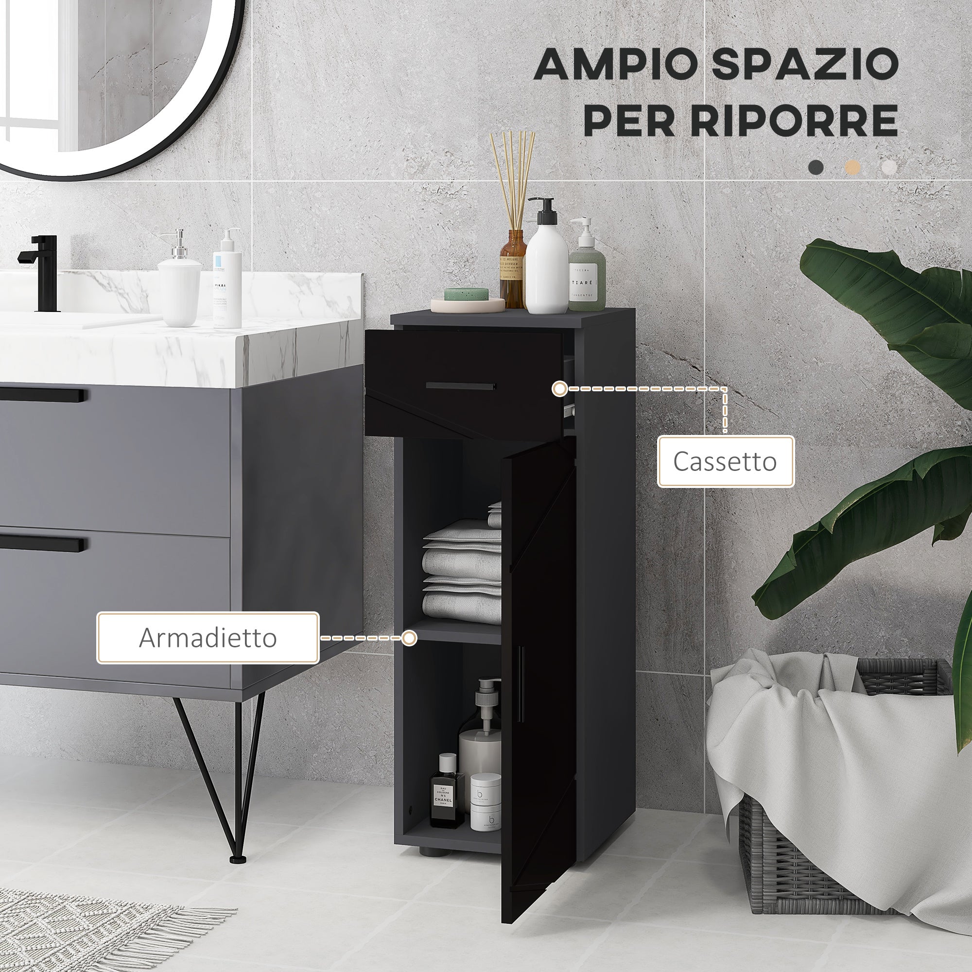 Bathroom Cabinet with Drawer and Adjustable 2-Level Cabinet, Wooden Bathroom Cabinet, 30x30x82 cm, Black and Dark Grey