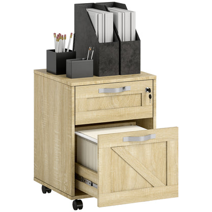 Office Drawer Unit with 2 Drawers Mobile Filing Cabinet with Wheels Lockable and Hanging File Folders for A4 Size 41x42x56 cm Natural