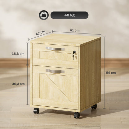 Office Drawer Unit with 2 Drawers Mobile Filing Cabinet with Wheels Lockable and Hanging File Folders for A4 Size 41x42x56 cm Natural
