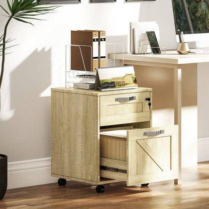Office Drawer Unit with 2 Drawers Mobile Filing Cabinet with Wheels Lockable and Hanging File Folders for A4 Size 41x42x56 cm Natural