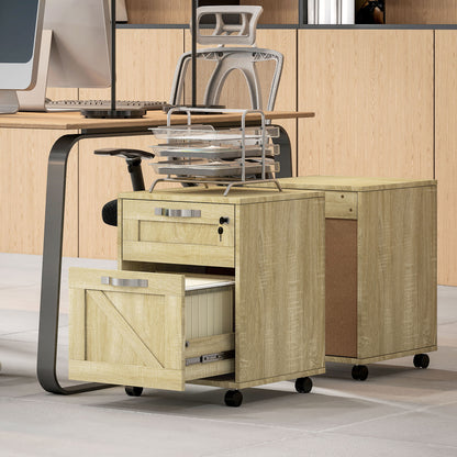 Office Drawer Unit with 2 Drawers Mobile Filing Cabinet with Wheels Lockable and Hanging File Folders for A4 Size 41x42x56 cm Natural