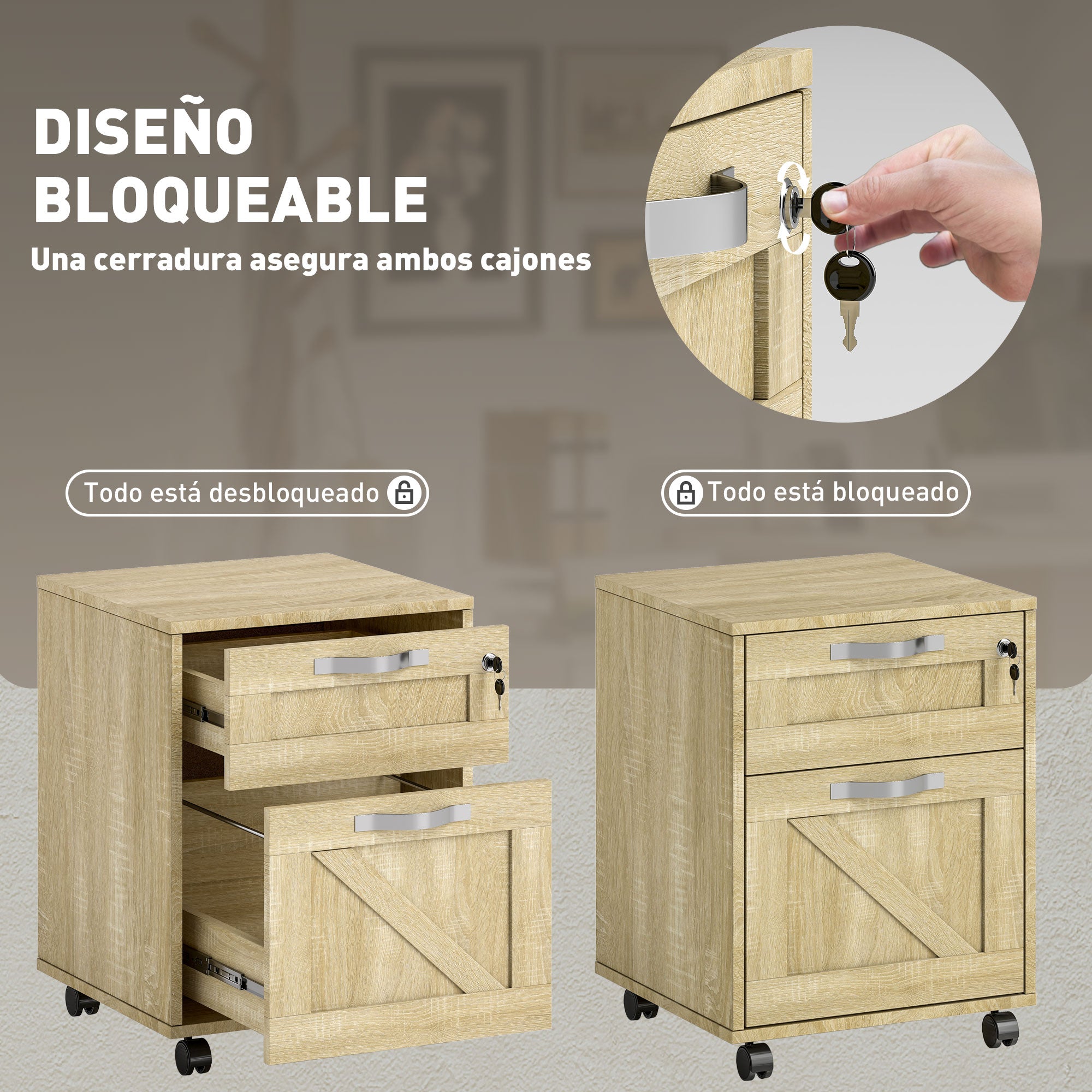 Office Drawer Unit with 2 Drawers Mobile Filing Cabinet with Wheels Lockable and Hanging File Folders for A4 Size 41x42x56 cm Natural