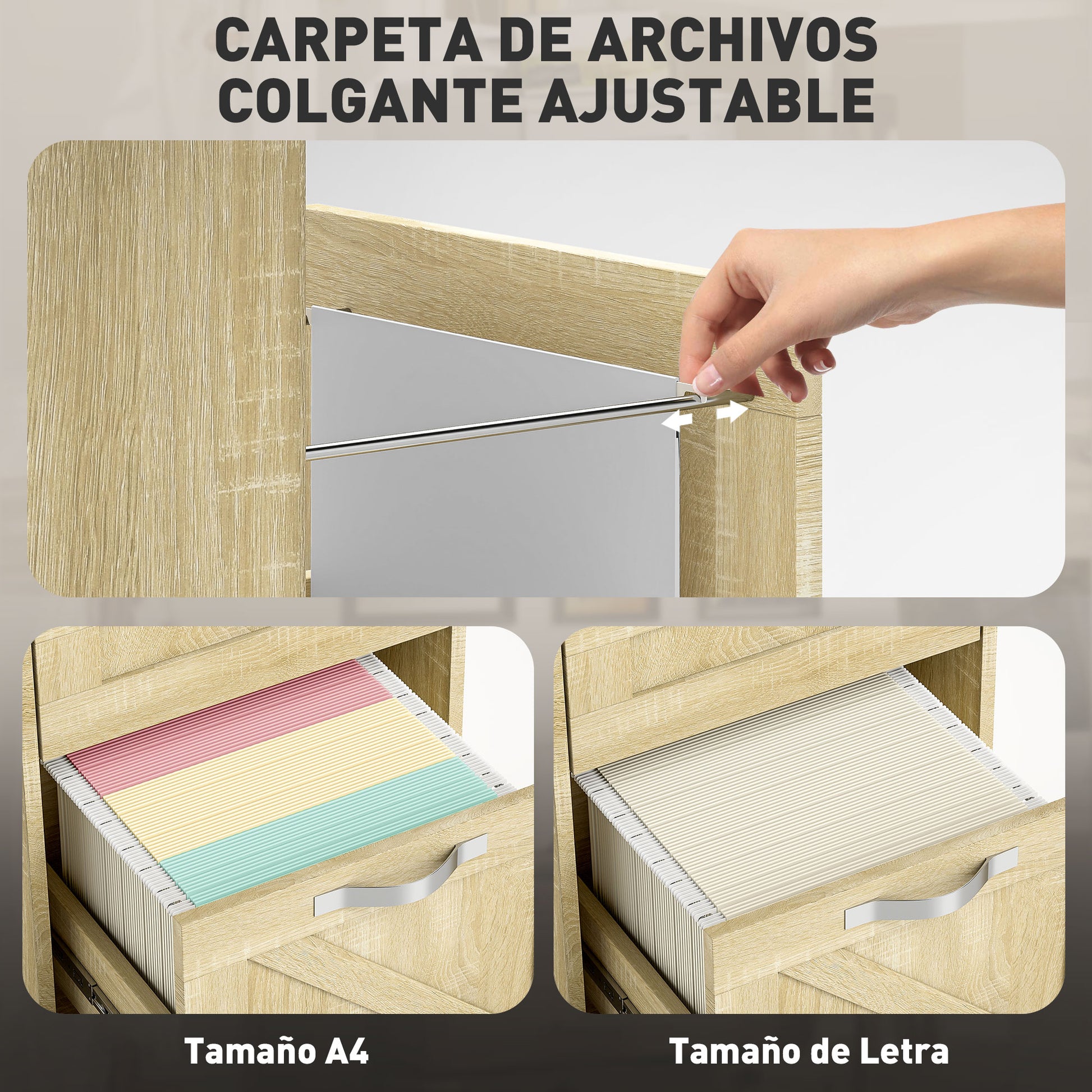 Office Drawer Unit with 2 Drawers Mobile Filing Cabinet with Wheels Lockable and Hanging File Folders for A4 Size 41x42x56 cm Natural