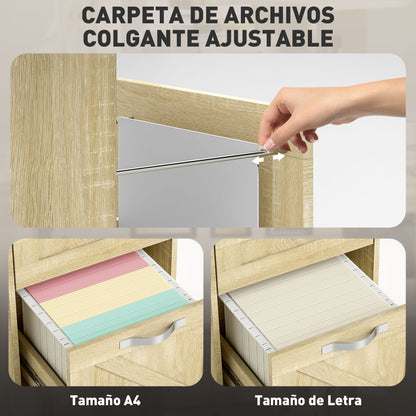 Office Drawer Unit with 2 Drawers Mobile Filing Cabinet with Wheels Lockable and Hanging File Folders for A4 Size 41x42x56 cm Natural