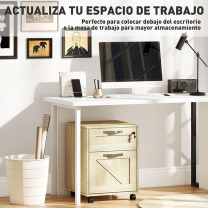 Office Drawer Unit with 2 Drawers Mobile Filing Cabinet with Wheels Lockable and Hanging File Folders for A4 Size 41x42x56 cm Natural