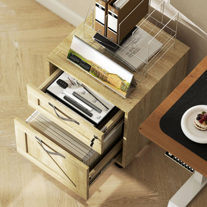 Office Drawer Unit with 2 Drawers Mobile Filing Cabinet with Wheels Lockable and Hanging File Folders for A4 Size 41x42x56 cm Natural