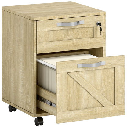 Office Drawer Unit with 2 Drawers Mobile Filing Cabinet with Wheels Lockable and Hanging File Folders for A4 Size 41x42x56 cm Natural