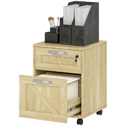 Office Drawer Unit with 2 Drawers Mobile Filing Cabinet with Wheels Lockable and Hanging File Folders for A4 Size 41x42x56 cm Natural