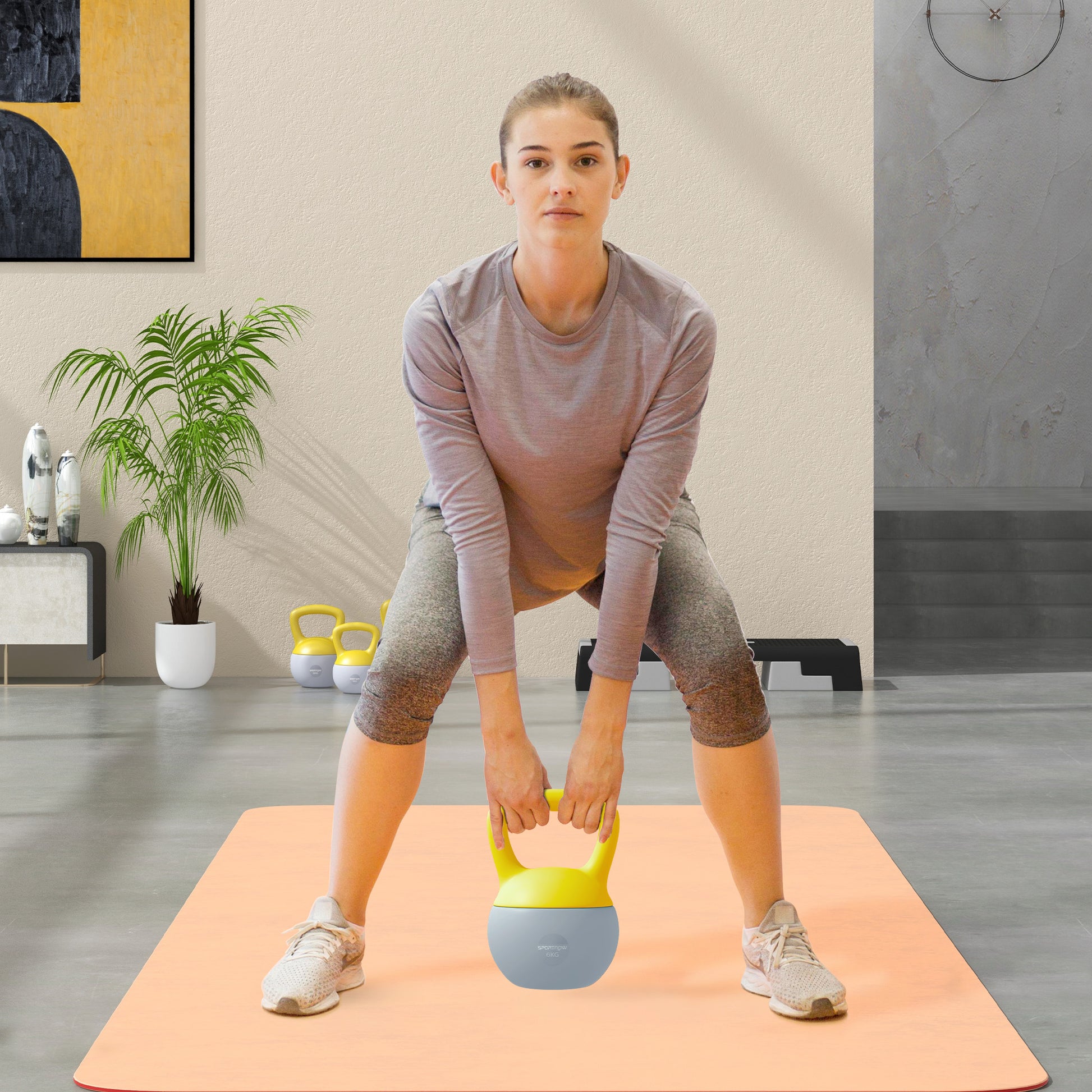 SPORTNOW Kettlebell 6kg Dumbbell with Non-Slip Handle for Fitness Training Cardio, Gray and Yellow
