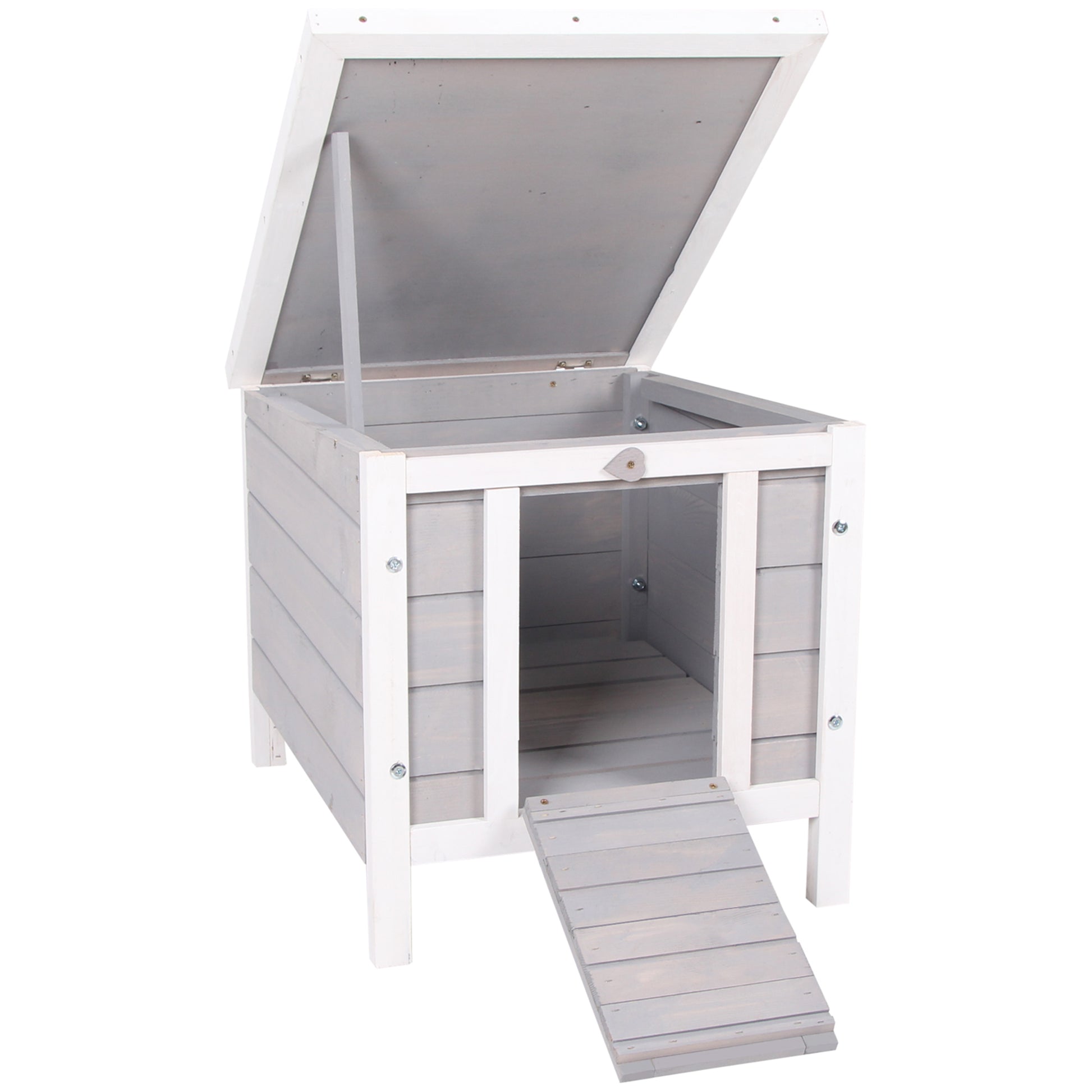 Wooden Rabbit Hutch Outdoor Cage Shelter for Small Pets with Flip Asphalt Roof and Non-Slip Ramp 42x51x43 cm Gray