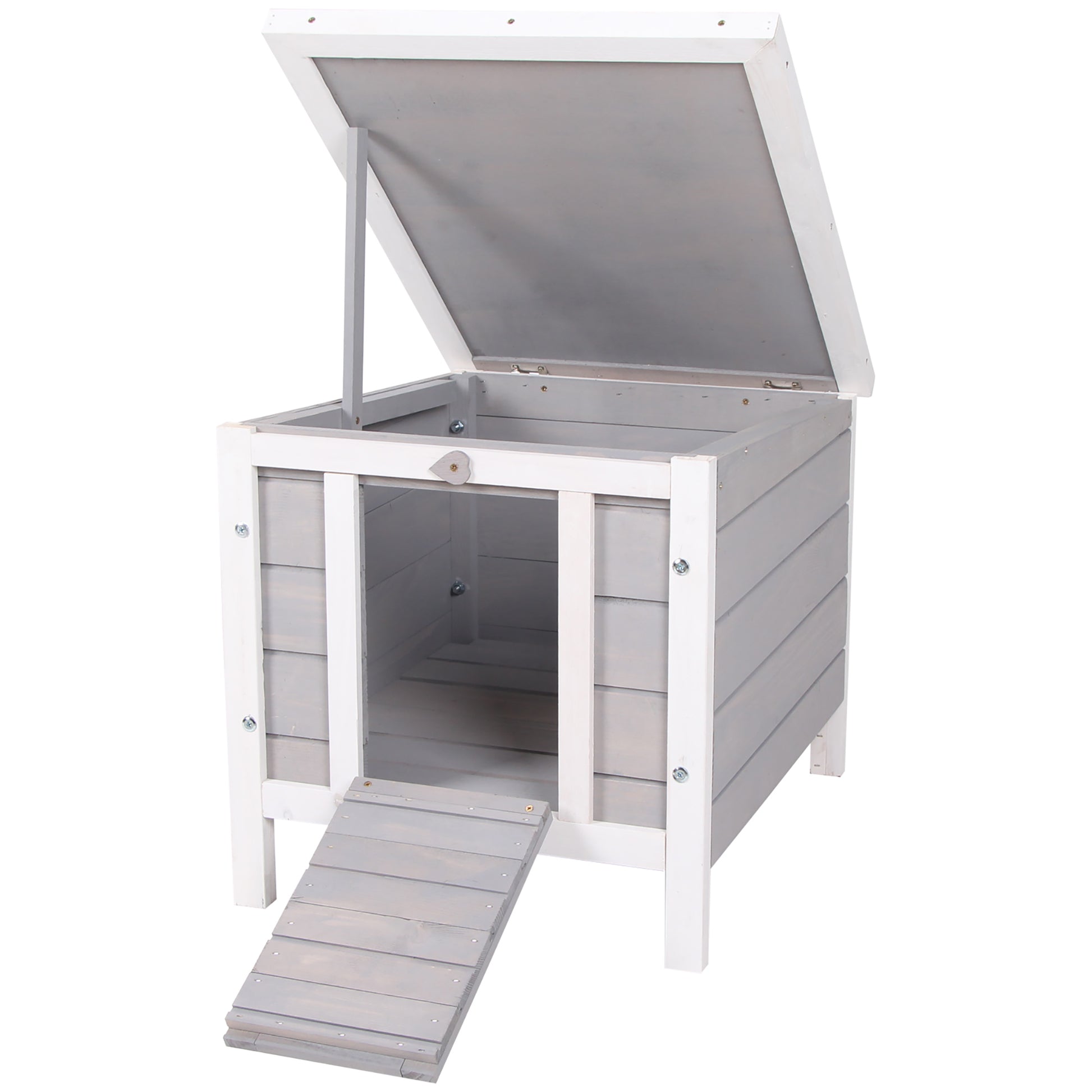 Wooden Rabbit Hutch Outdoor Cage Shelter for Small Pets with Flip Asphalt Roof and Non-Slip Ramp 42x51x43 cm Gray