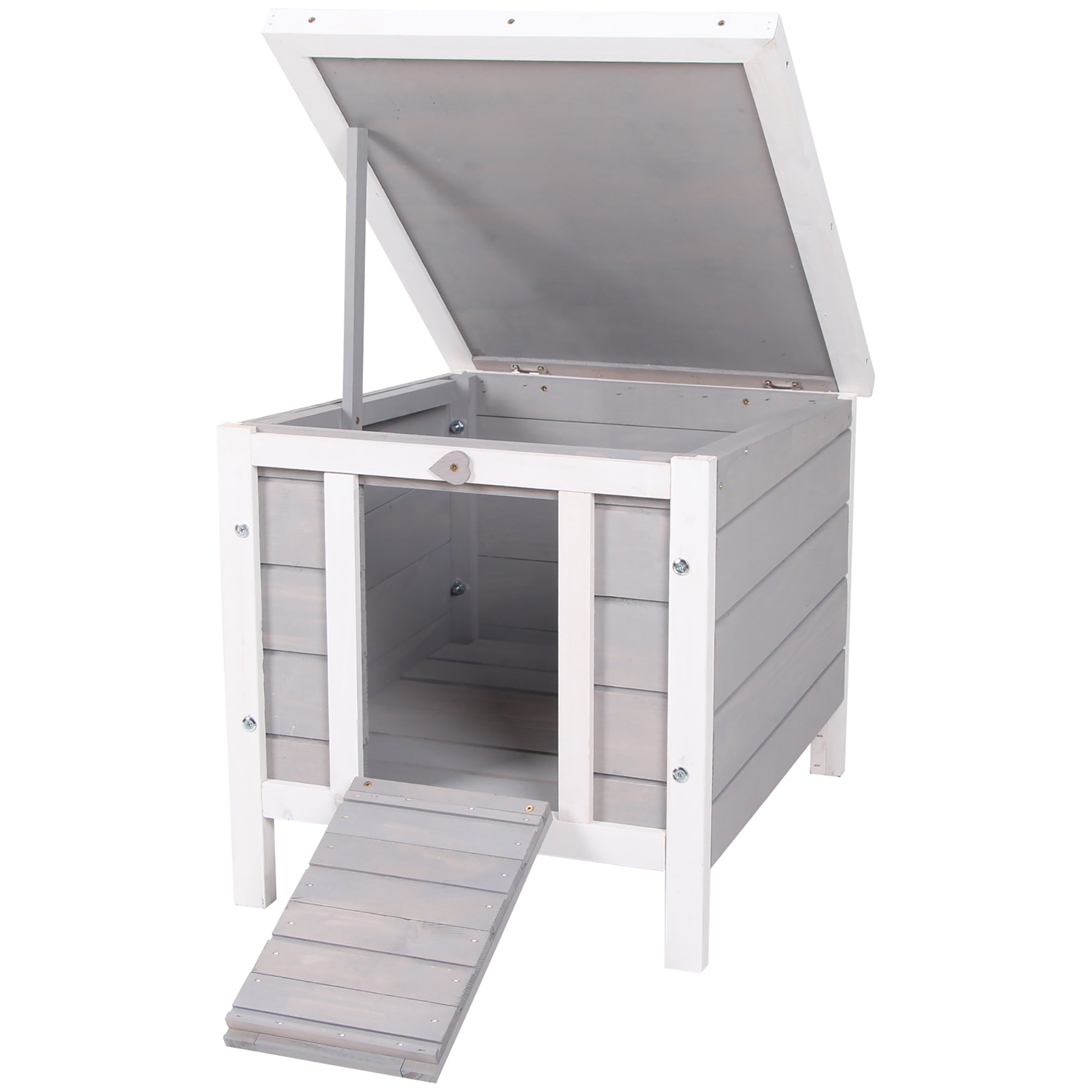 Wooden Rabbit Hutch Outdoor Cage Shelter for Small Pets with Flip Asphalt Roof and Non-Slip Ramp 42x51x43 cm Gray
