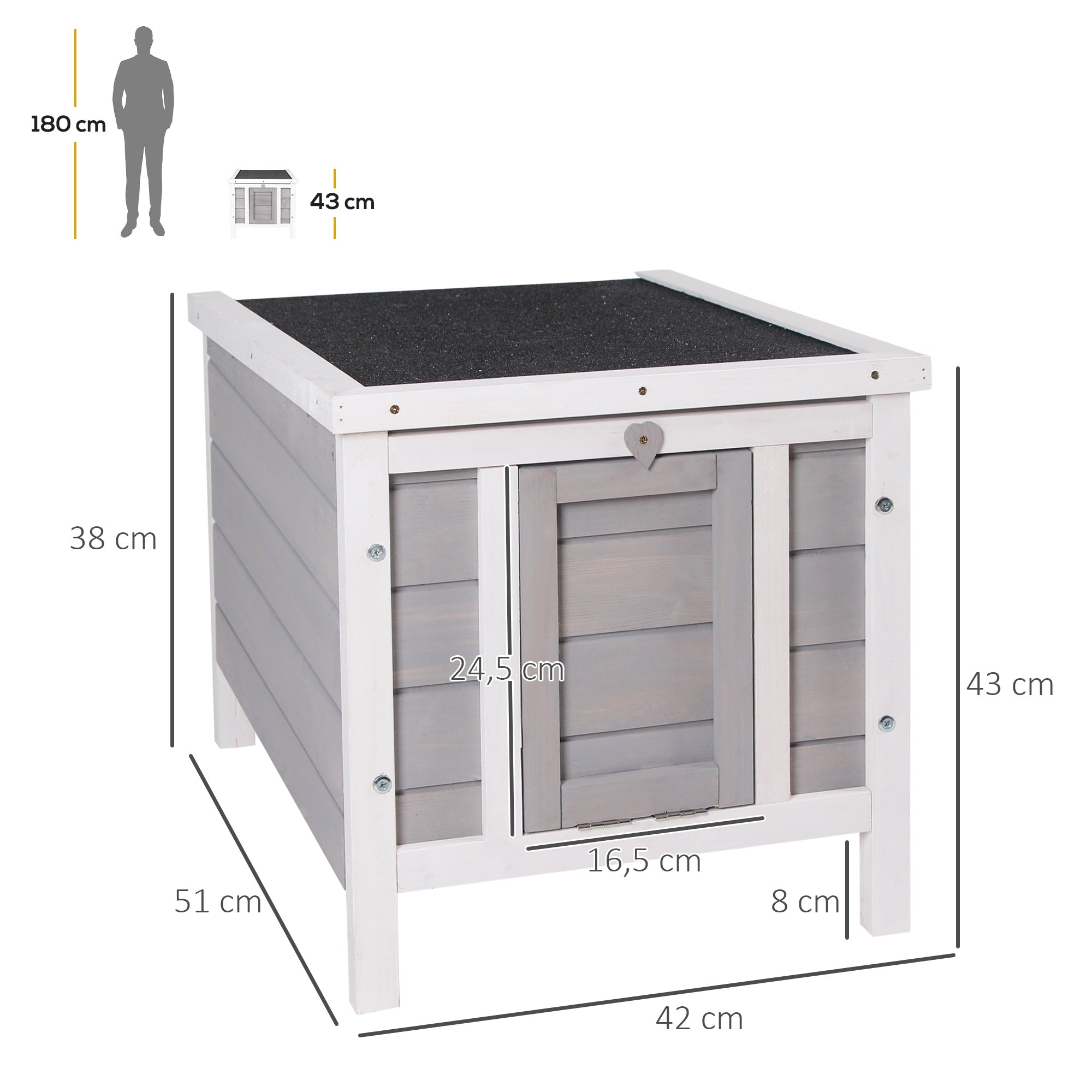 Wooden Rabbit Hutch Outdoor Cage Shelter for Small Pets with Flip Asphalt Roof and Non-Slip Ramp 42x51x43 cm Gray