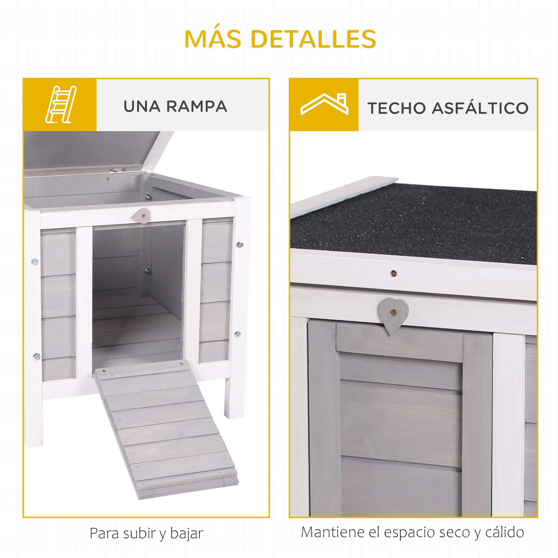 Wooden Rabbit Hutch Outdoor Cage Shelter for Small Pets with Flip Asphalt Roof and Non-Slip Ramp 42x51x43 cm Gray