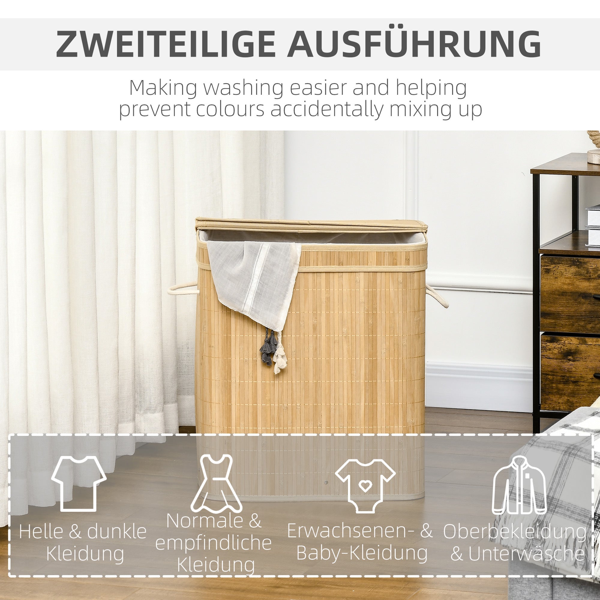 Laundry Basket with Lid 90 L Laundry Collector with Handles, 2 Removable Laundry Bags, Foldable, Laundry Box Laundry Bin for Laundry Room Bedroom Bathroom Natural