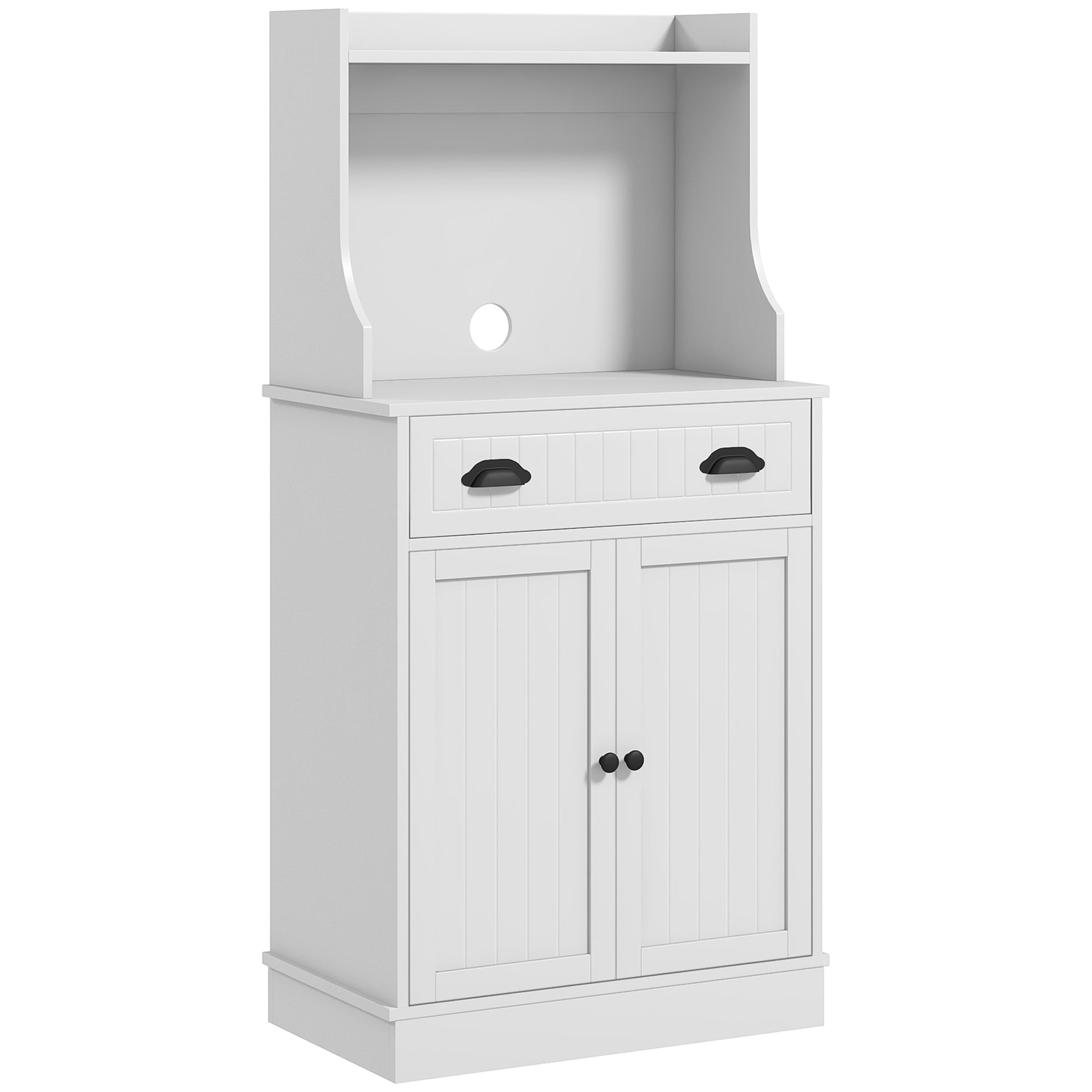 Microwave Cabinet, Kitchen Cabinet, 3 Adjustable Shelving Units, with Open Space, 1 Drawer and 2-Door Cupboard, Kitchen Furniture, Modern Design, 61 x 35 x 125.4 cm, White