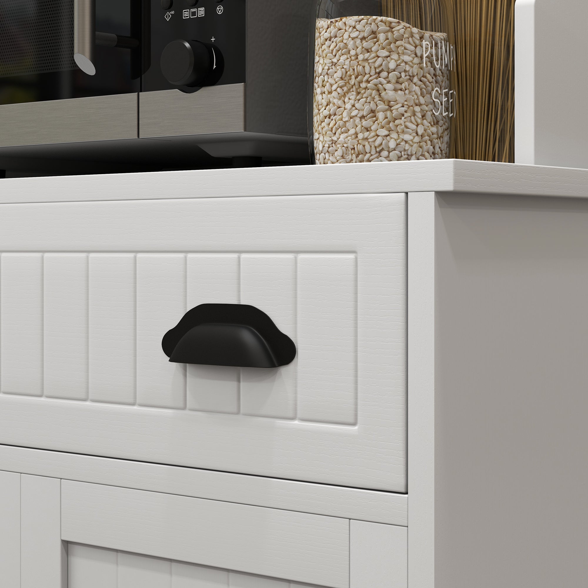 Microwave Cabinet, Kitchen Cabinet, 3 Adjustable Shelving Units, with Open Space, 1 Drawer and 2-Door Cupboard, Kitchen Furniture, Modern Design, 61 x 35 x 125.4 cm, White