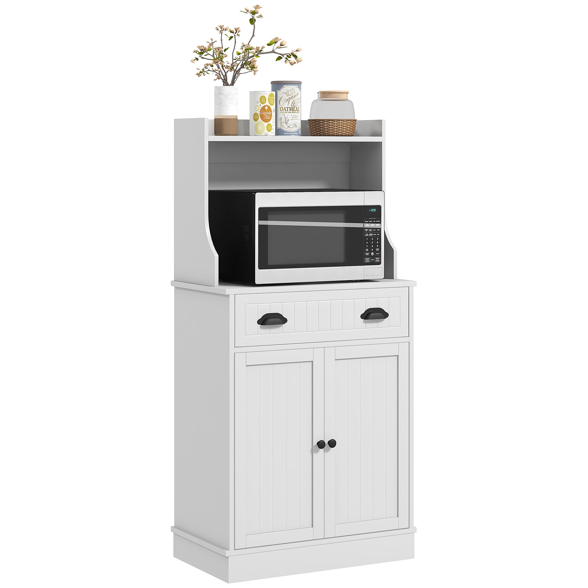 Microwave Cabinet, Kitchen Cabinet, 3 Adjustable Shelving Units, with Open Space, 1 Drawer and 2-Door Cupboard, Kitchen Furniture, Modern Design, 61 x 35 x 125.4 cm, White