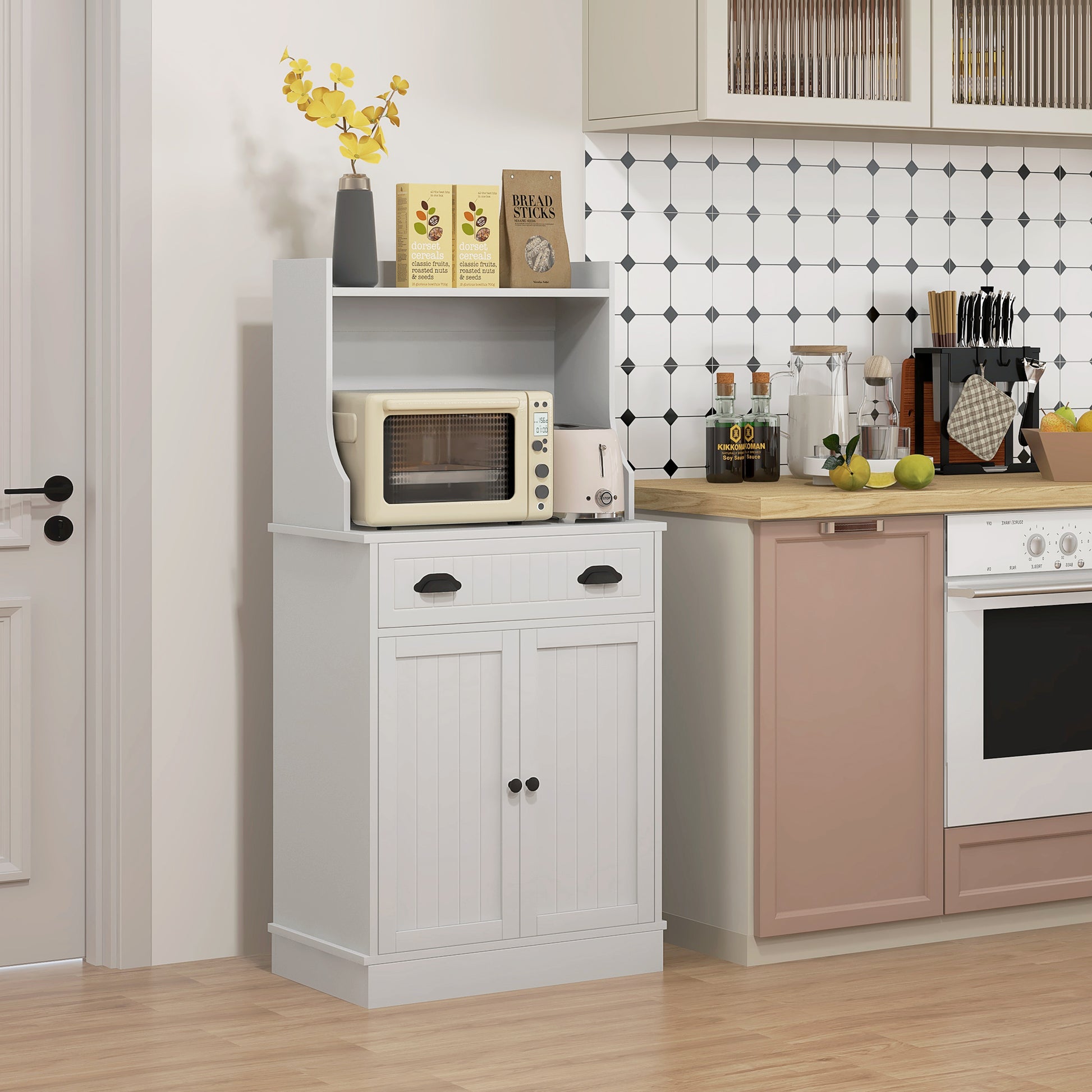 Microwave Cabinet, Kitchen Cabinet, 3 Adjustable Shelving Units, with Open Space, 1 Drawer and 2-Door Cupboard, Kitchen Furniture, Modern Design, 61 x 35 x 125.4 cm, White