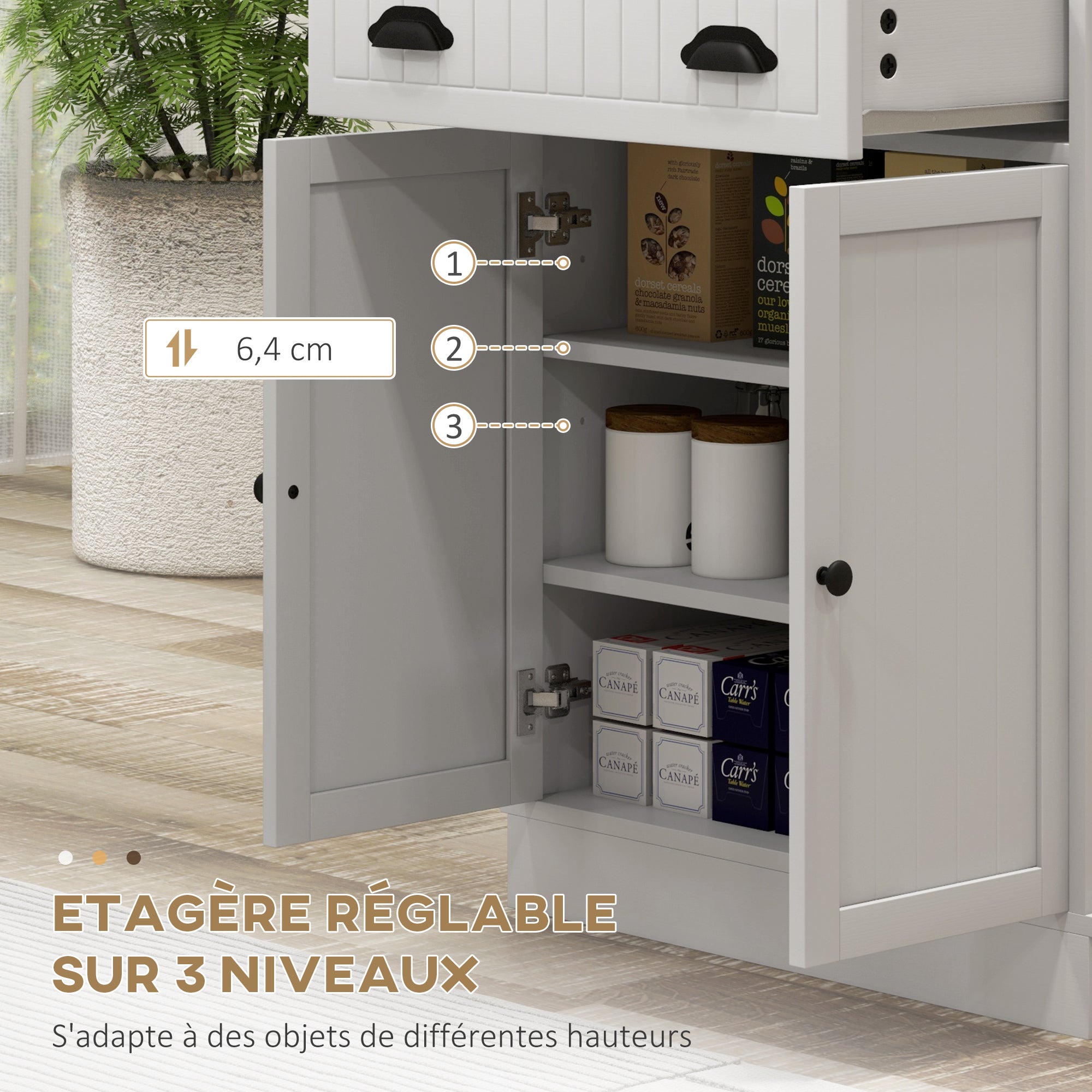 Microwave Cabinet, Kitchen Cabinet, 3 Adjustable Shelving Units, with Open Space, 1 Drawer and 2-Door Cupboard, Kitchen Furniture, Modern Design, 61 x 35 x 125.4 cm, White