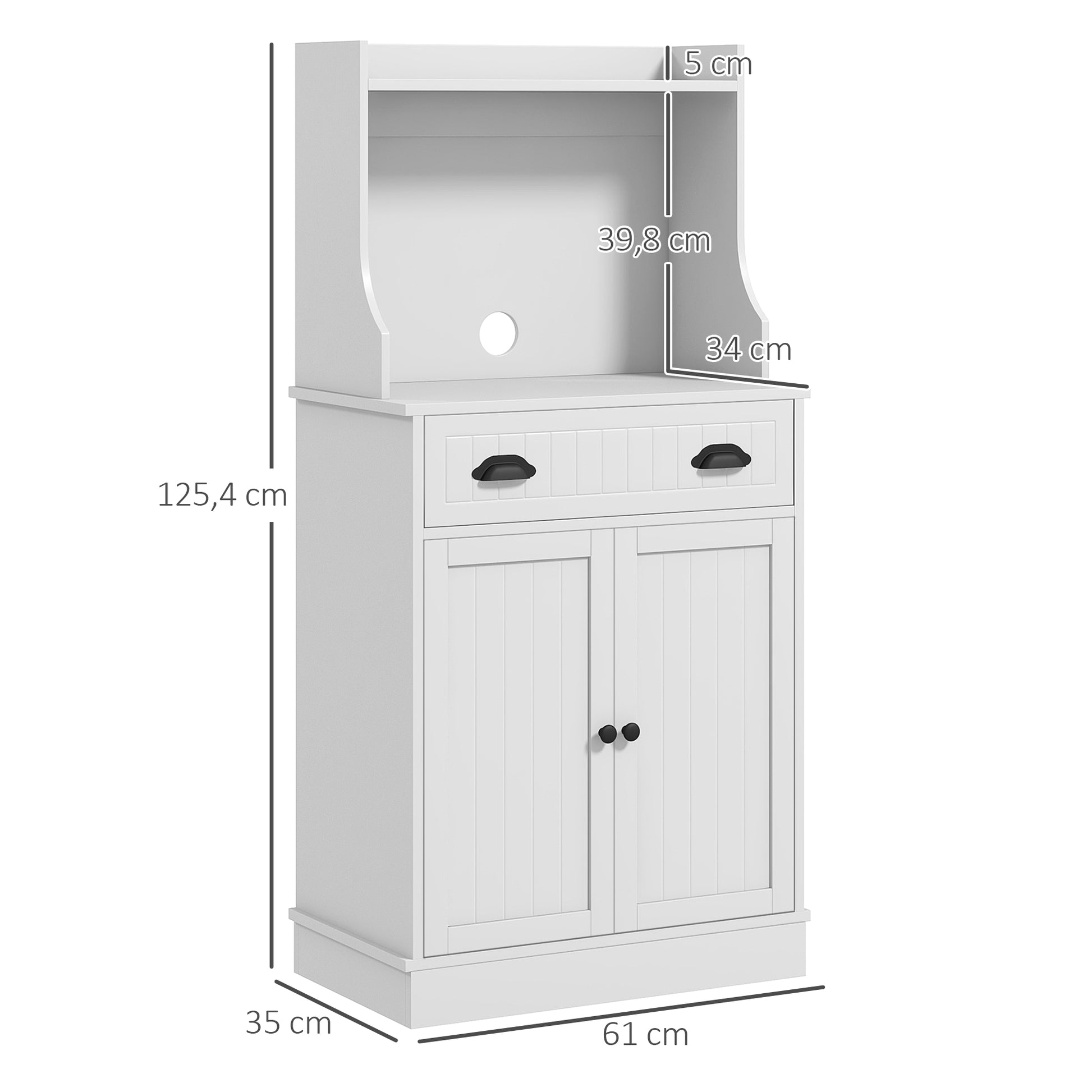 Microwave Cabinet, Kitchen Cabinet, 3 Adjustable Shelving Units, with Open Space, 1 Drawer and 2-Door Cupboard, Kitchen Furniture, Modern Design, 61 x 35 x 125.4 cm, White