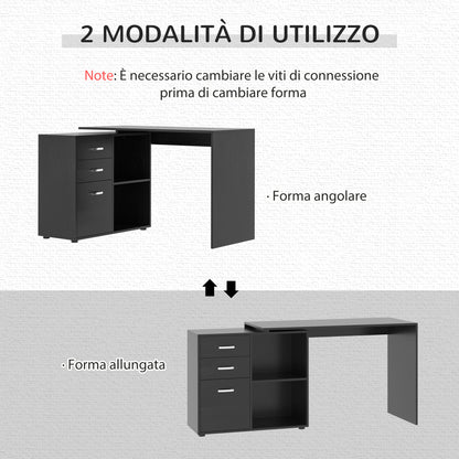 Corner Desk for PC with 2 Drawers and Open Shelves, L-Shaped Desk in Wood and Metal, 117x83.5x76 cm, Black