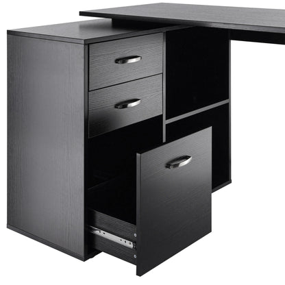 Corner Desk for PC with 2 Drawers and Open Shelves, L-Shaped Desk in Wood and Metal, 117x83.5x76 cm, Black