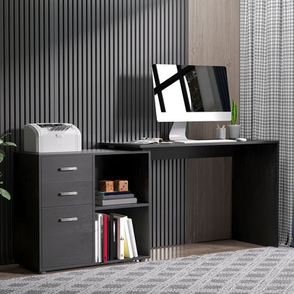 Corner Desk for PC with 2 Drawers and Open Shelves, L-Shaped Desk in Wood and Metal, 117x83.5x76 cm, Black
