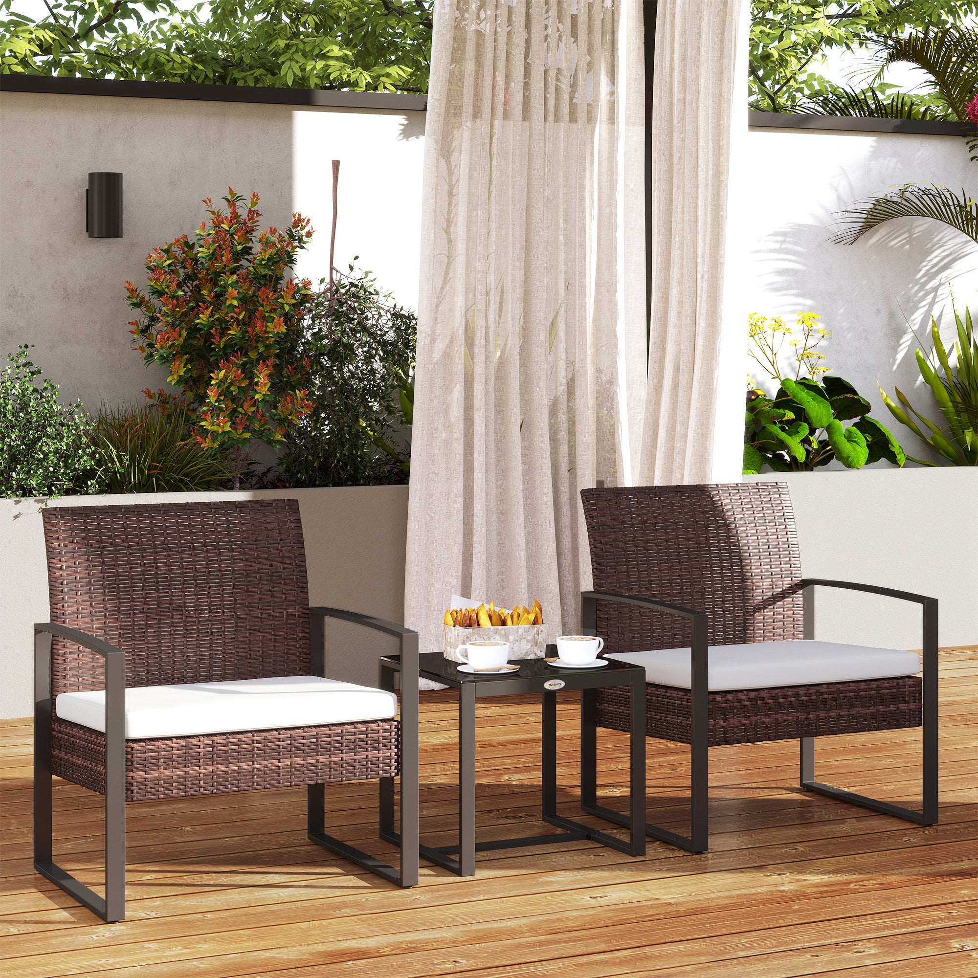 Polyrattan Garden Furniture Set, Outdoor Balcony Furniture for 2 People, 3-Piece Seating Group with 2 Chairs, Table Seat Cushion, Weatherproof Garden Furniture for Garden, Terrace Balcony, Brown+Cream