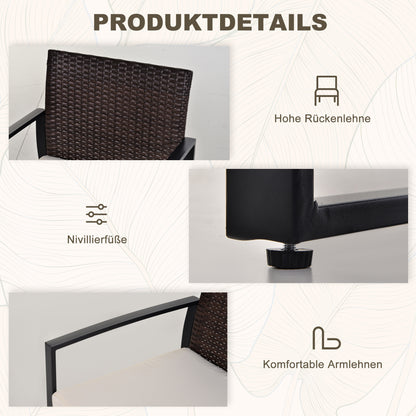 Polyrattan Garden Furniture Set, Outdoor Balcony Furniture for 2 People, 3-Piece Seating Group with 2 Chairs, Table Seat Cushion, Weatherproof Garden Furniture for Garden, Terrace Balcony, Brown+Cream