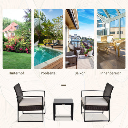 Polyrattan Garden Furniture Set, Outdoor Balcony Furniture for 2 People, 3-Piece Seating Group with 2 Chairs, Table Seat Cushion, Weatherproof Garden Furniture for Garden, Terrace Balcony, Brown+Cream